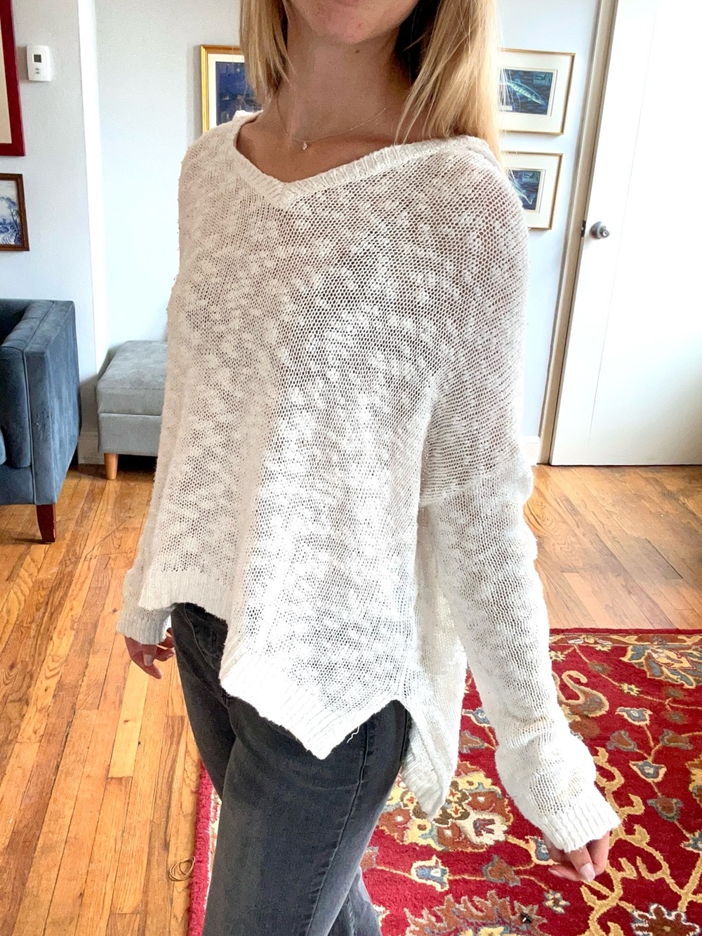 Roxy Women's Ivory V-Neck Knit Sweater with hood